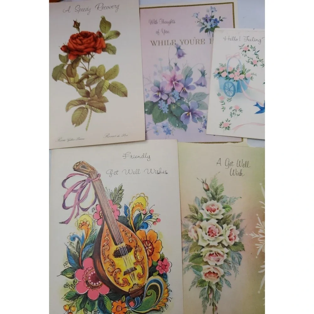 14 OldVintage Used Get‎ Well Greeting Card Fronts Crafts Flowers Clock Bluebird